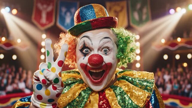 Close-up of a cheerful clown in a circus arena with audience.