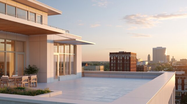 Apartment retrofit focused on urban heat protection, rooftop with reflective cool coating on a modern city residential building at sunset. AI generative