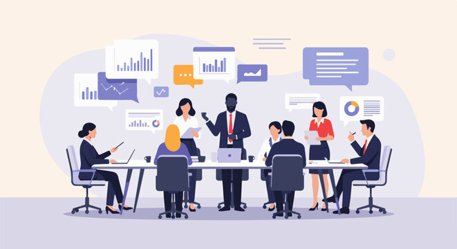 Business meeting with diverse professionals discussing charts and data in a modern office