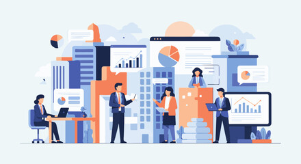 Obraz premium Modern business team collaborates on data analysis and strategy presentation in a vibrant office setting
