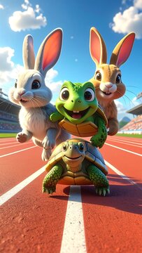 Animated image of two bunnies and two turtles racing on a track, friendly smiles, blue sky and stadium backdrop
