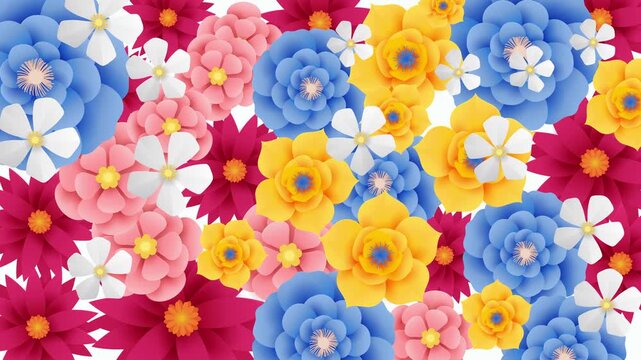 3D Looped animated background of randomly rotating colorful flowers
