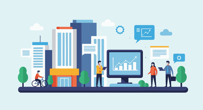 Flat illustration of a city with business professionals and charts on a computer screen