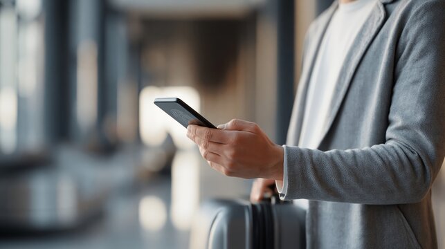 Passwordless authentication in a travel context with a traveler using a smartphone beside luggage in a modern transit setting. AI generative