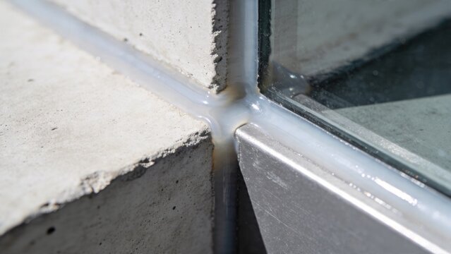 Close-up of silicone sealant applied along tile and window joints. Detail of sealing process in construction, waterproofing and home renovation.