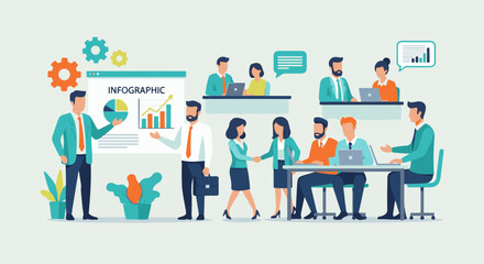 Obraz premium Business team collaborates on infographic presentation, showcasing data visualization and teamwork