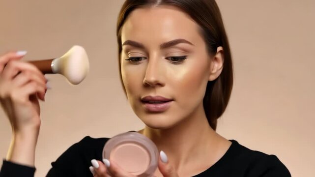 A Young Woman Applies Makeup, Using a Large Brush to Blend Powder Onto Her Face, Holding a Compact.