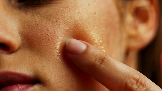 Close-up of a Person&rsquo;s Cheek With Visible Pores and a Finger Applying a Shimmering Cosmetic Product.