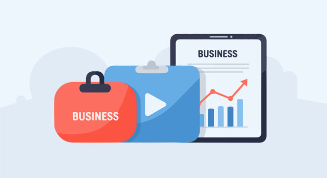 A tablet shows a business chart, alongside a red briefcase with 'BUSINESS' and a blue folder