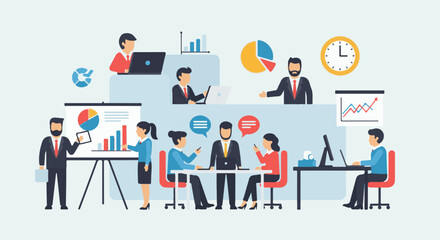 Obraz premium Business meeting with charts, graphs, and people collaborating