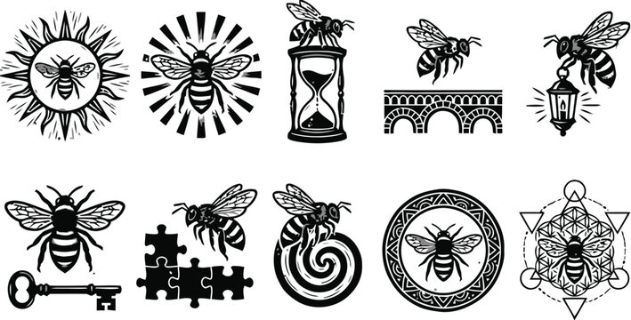 Set of Hand Drawn Bee Illustrations and Decorative Icons