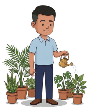 Indian office boy watering indoor plants with calm content feeling simple care, minimal style, flat vector illustration