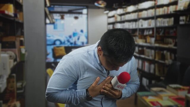 Man holding a red news microphone clutching his chest inside a building; pain urgency vulnerability.
