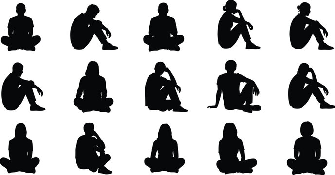 Sitting people silhouette set, man and woman sitting on floor, pensive poses, cross legged, sad lonely figures, thoughtful audience vector.