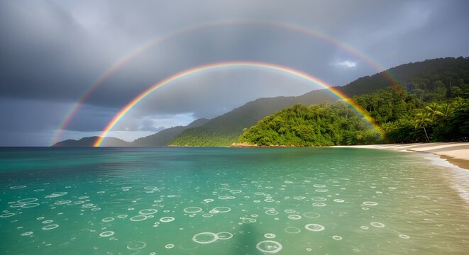 A pixelated image of a rainbow over a body of water