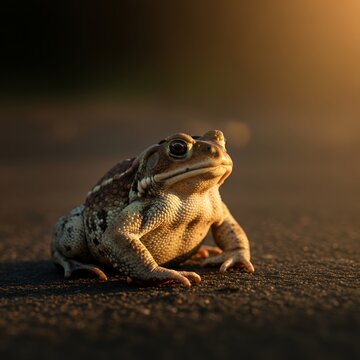 Brown toad sitting on ground.