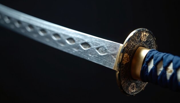 Close-up detailed view of a sharp Japanese katana sword. Ornate metal guard and blue wrapped handle show fine craftsmanship. Black background highlights steel blade texture and patterns.