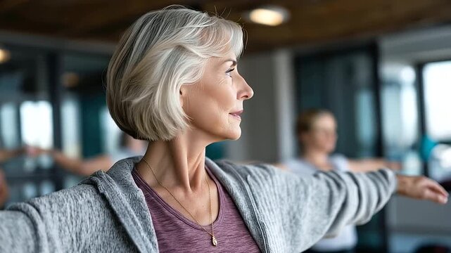 Faceless senior woman exercising during group rehabilitation class, defocused wellness center, mature adults training, physical therapy, healthy aging, stretching, with copy space