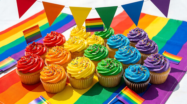 Vibrant assortment of gourmet rainbow cupcakes with swirling multicolored buttercream frosting, sugar sprinkles on striped linen, decorated with festive LGBTQ pride bunting flags.