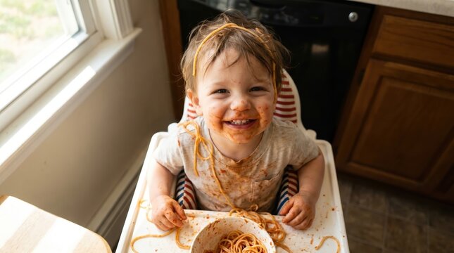 Messy toddler enjoying spaghetti at high chair