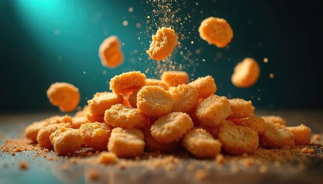 Crispy chicken nuggets pile falling from above. Golden brown breaded pieces creating tasty snack heap. Delicious quick meal, perfect for fast food.
