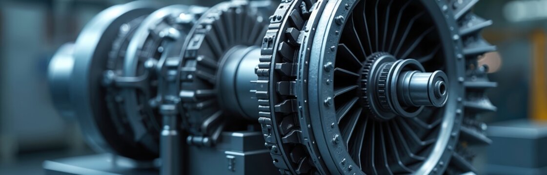 Close-up view of complex jet engine turbine blades. Detailed mechanical parts in metallic finish. Powerful engineering marvel, advanced aerospace tech.