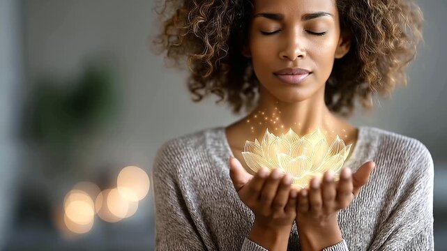 Faceless woman meditating with glowing golden heart, defocused lotus flower symbol, spiritual energy, chakra activation, meditation visualization, inner peace, with copy space