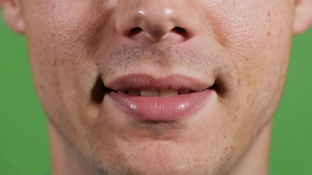 Close Up Mans Mouth Making Various Facial Expressions Green Backdrop