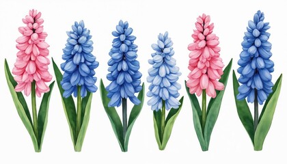 Obraz premium Pink and blue hyacinth flowers with green leaves painted in watercolor. Isolated on white background. Perfect for spring garden themes and floral designs.