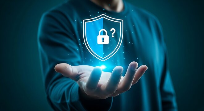 Hand holding a digital shield with lock icon representing cybersecurity access denied question mark cybersecurity security protection internet technology information encryption computer