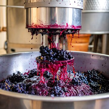 A stainless steel machine crushes ripe grapes, releasing vivid purple juice into a large metal container. Wine making
