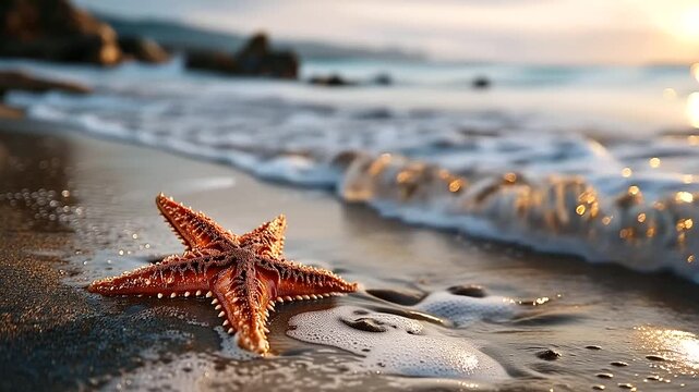Vibrant orange starfish resting on sandy shores, defocused gentle waves lapping in background, summer essence embodying, nature's beauty at sunset time, with copy space