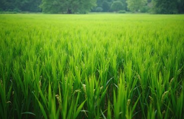 Fototapeta premium Close-up of rich green rice paddy field under soft daylight. Tall stalks fill foreground with blurred trees backdrop. Rural farming landscape, tranquil natural growth, vibrant vegetation.