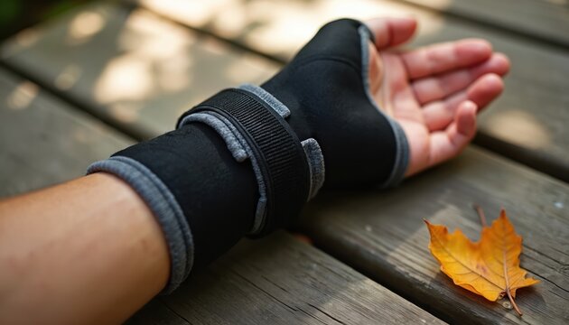 Person wears wrist brace on hand for support during injury rehabilitation and recovery. Close-up shows black neoprene brace with velcro straps on wooden surface next to autumn leaf.