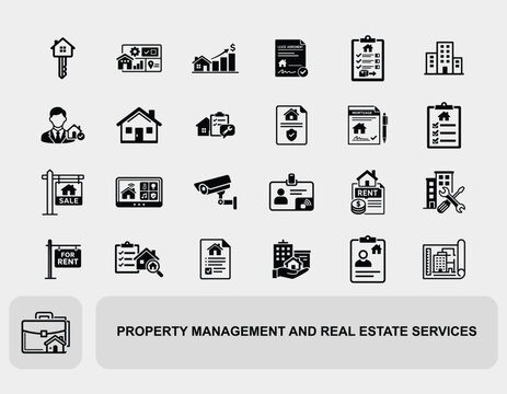 Property management and real estate services icon set for business operations and workflow property management solutions