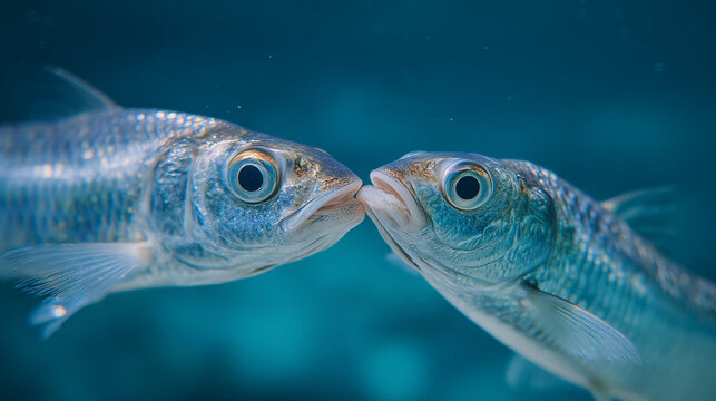 Two fish touching noses in the ocean water