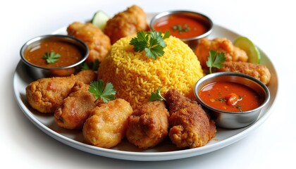 Fototapeta premium Plate of yellow rice surrounded by fried chicken pieces and dipping sauces. Garnished with parsley and cucumber slices. Delicious Malaysian Indian food meal.