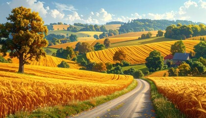 Fototapeta premium Golden Wheat Fields Rolling Hills Countryside Road Autumn Landscape.