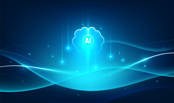 Dark blue abstract background, with glowing cyan, ai brain and, wavy lines artificial, intelligence cloud