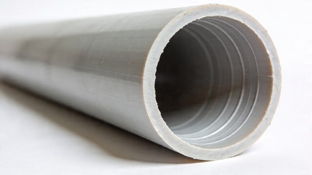Close-up of white PVC pipe with internal threading. Detail of plastic plumbing component used in water installation and construction systems.