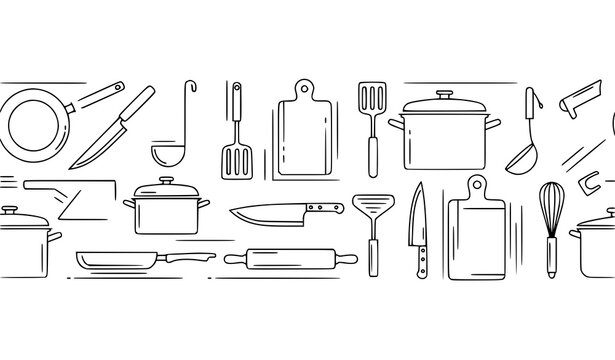 Minimal kitchenware seamless border cooking utensils line art black and white vector illustration