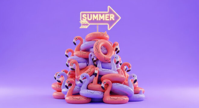 Pile of inflatable flamingo pool floats with glowing summer sign and arrow in a colourful playful 3D sytle scene