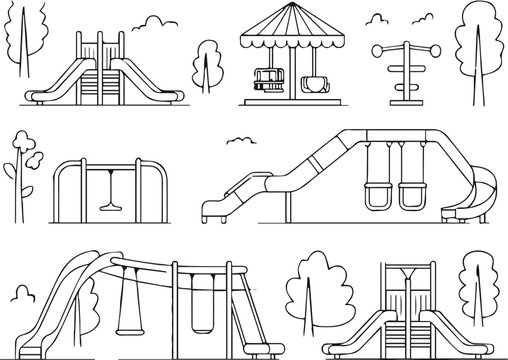 playground illustration simple line art with slides swing seesaw trees