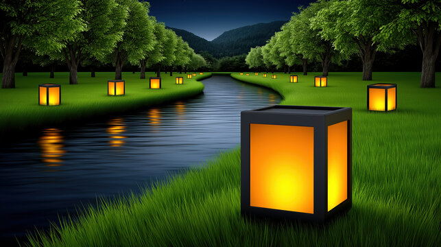 Glowing cube lanterns along a calm river in green park landscape at night for outdoor lighting serenity and magical nature concept