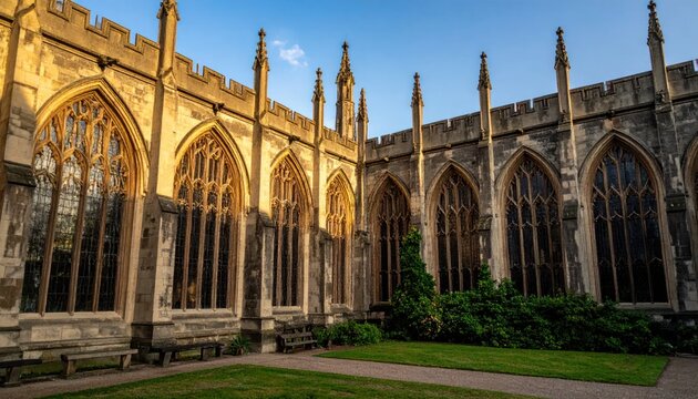 Historic Gothic Architecture Courtyard with Arched Windows and Green Lawn.