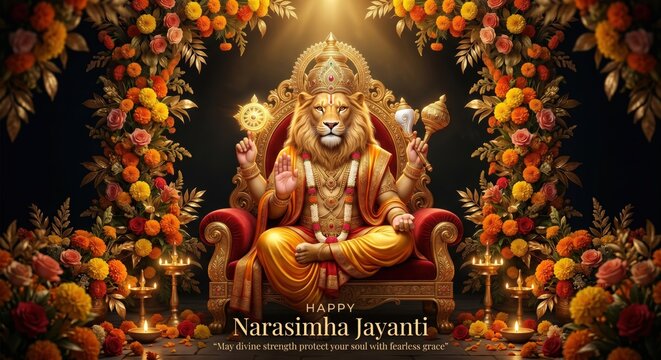 Golden idol of a deity seated on a red velvet throne surrounded by oranges and flowers celebrating narasimha jayanti with warm festive lighting and a dark intricate background for cultural