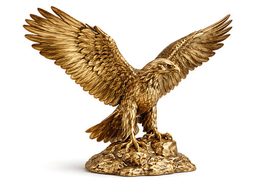 Golden eagle statue with spread wings on rock base isolated on white background power and majesty symbol