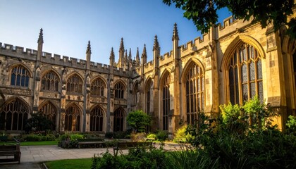 Obraz premium Historic Gothic Architecture Courtyard with Lush Greenery and Sunlight.