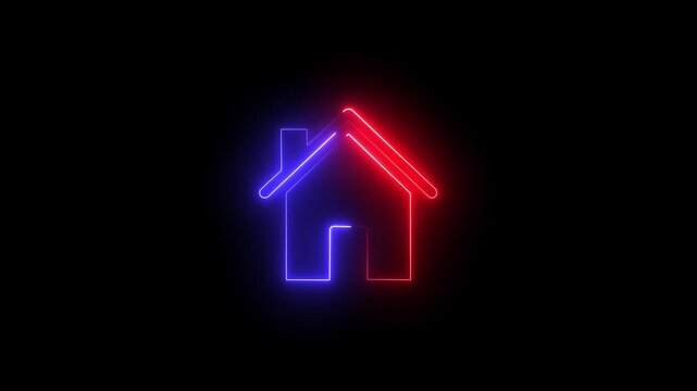 Glowing neon home icon Isolated on black background 4k motion video.