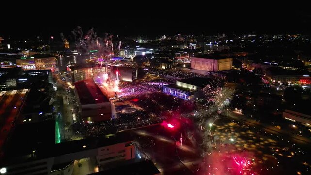Aerial Drone View of New Year Fireworks Over Helsinki at Night